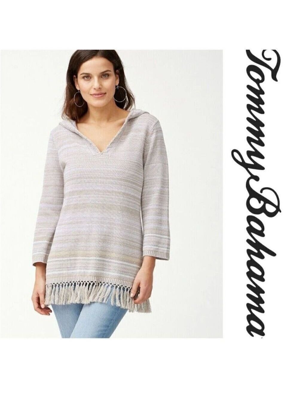 Tommy Bahama Woman’s  Striped V-Neck Hoodie Sweater Multicolor Size M